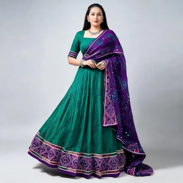 Sea_Green_Tasar_Silk_Bandhej_Flared_Lehenga_Set_For_Women