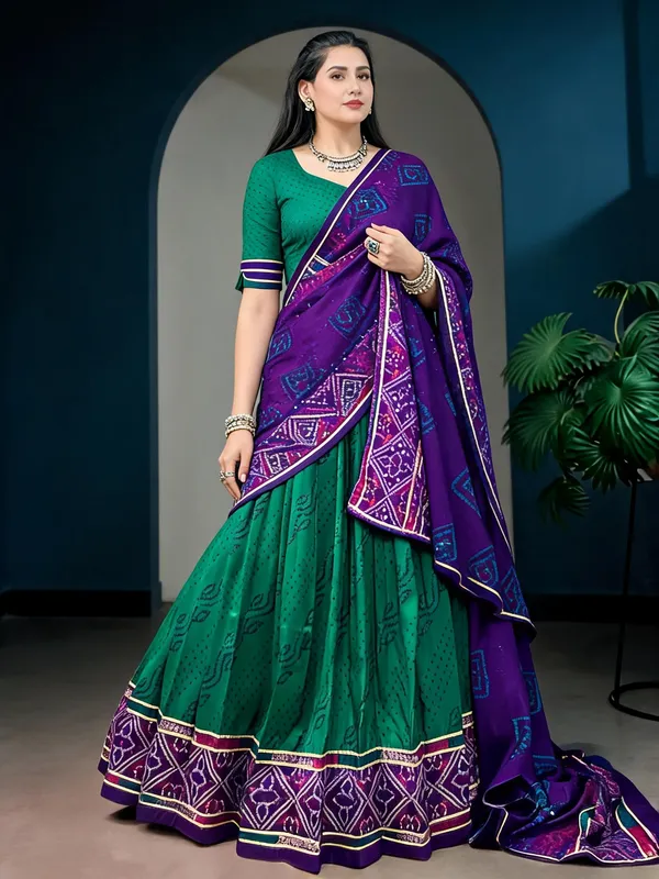 Sea_Green_Tasar_Silk_Bandhej_Flared_Lehenga_Set_For_Women