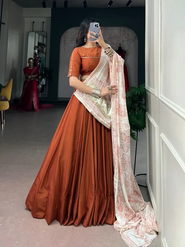 Rust_Orange_Chinon_Flared_Lehenga_Choli_Set_For_Women