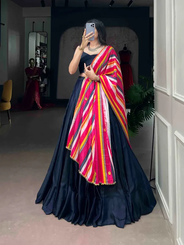 Navy_Blue_Moonga_Silk_Striped_Flared_Lehenga_Choli_Set_For_Women