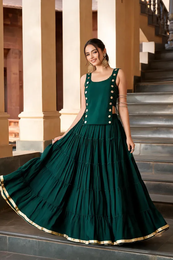 Bottle_Green_Featherlight_Sleeveless_Flared_Lehenga_Set_For_Women