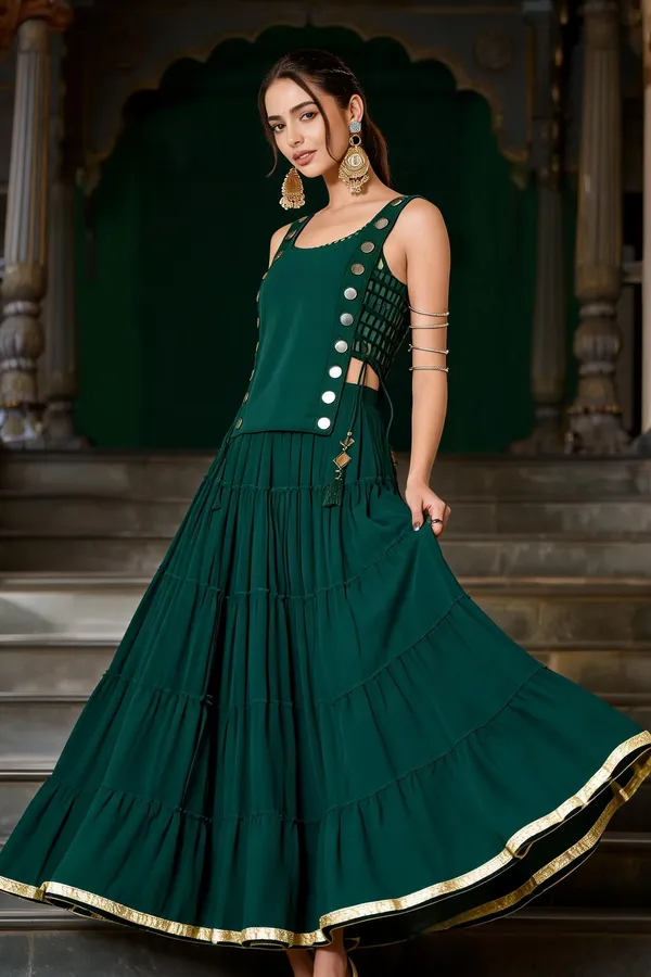 Bottle_Green_Featherlight_Sleeveless_Flared_Lehenga_Set_For_Women