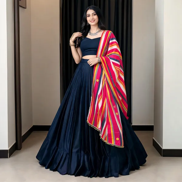 Navy_Blue_Moonga_Silk_Striped_Flared_Lehenga_Choli_Set_For_Women