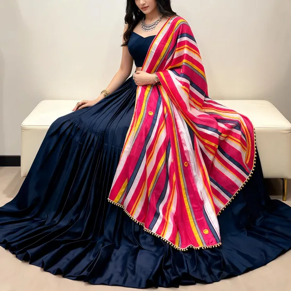 Navy_Blue_Moonga_Silk_Striped_Flared_Lehenga_Choli_Set_For_Women