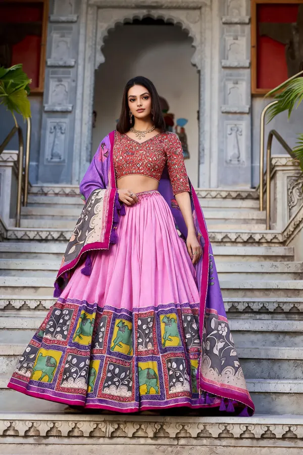 Pink_Tussar_Silk_Kalamkari_Flared_Lehenga_Set_For_Women