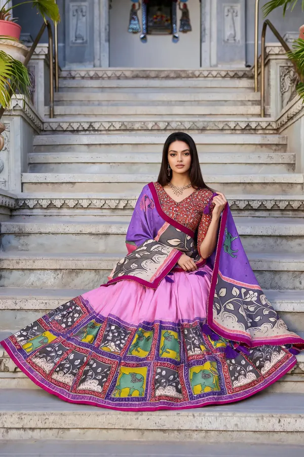 Pink_Tussar_Silk_Kalamkari_Flared_Lehenga_Set_For_Women