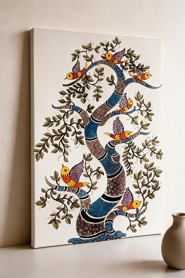 Madhubani_Bird_Tree_Wall_Art__Canvas_Roll