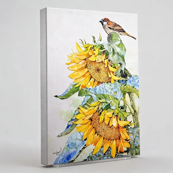 Watercolor_Botanical_Sunflower_Bird_Wall_Art__Canvas_Roll