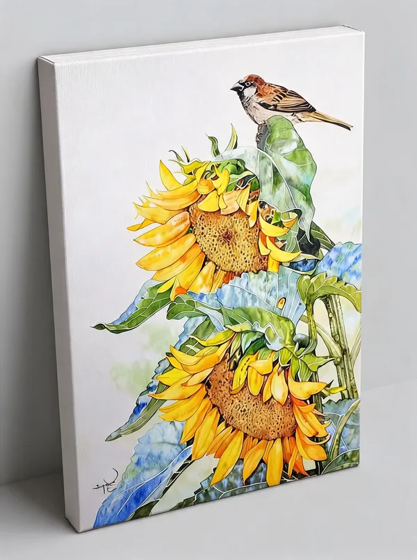 Watercolor_Botanical_Sunflower_Bird_Wall_Art__Canvas_Roll