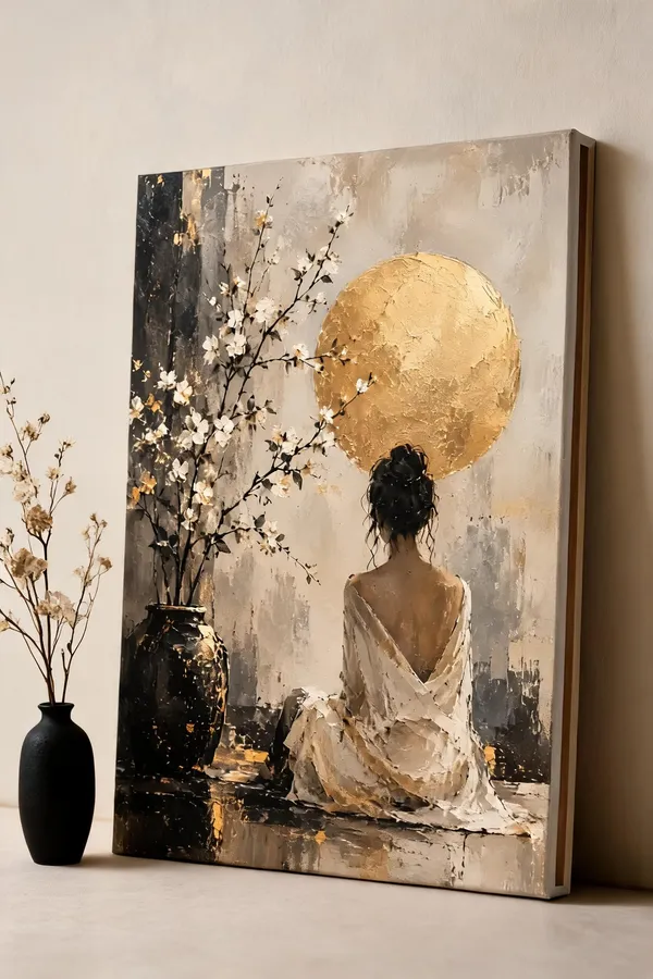 Textured_Abstract_Woman_And_Golden_Moon_Wall_Art__Canvas_Roll