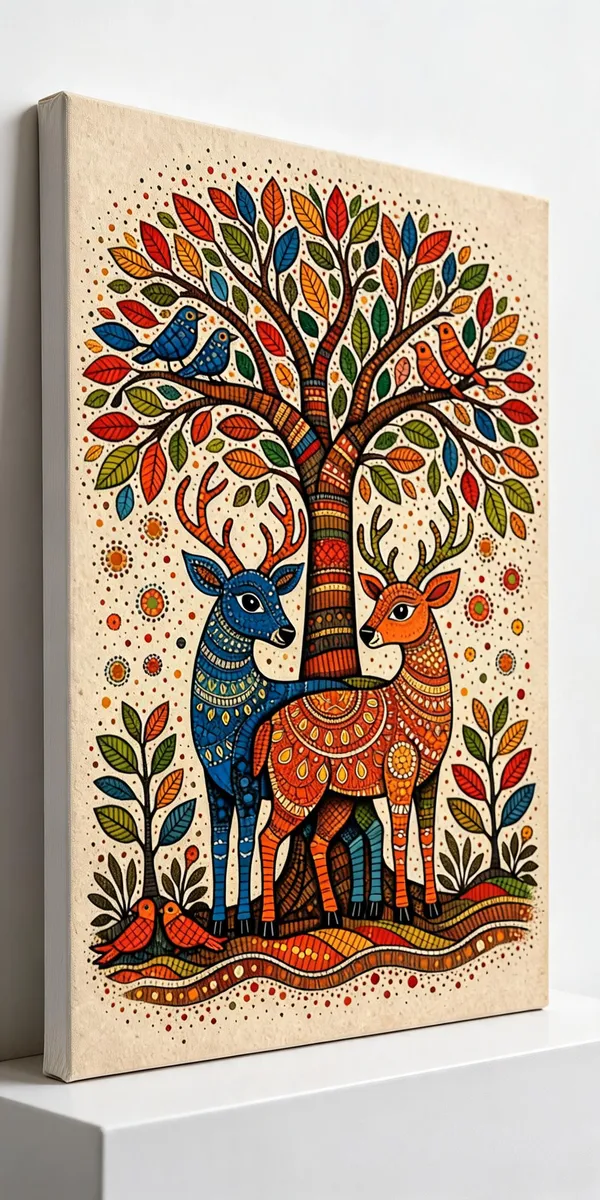 Madhubani_Folk_Art_Deer_Tree_Wall_Art__Canvas_Roll
