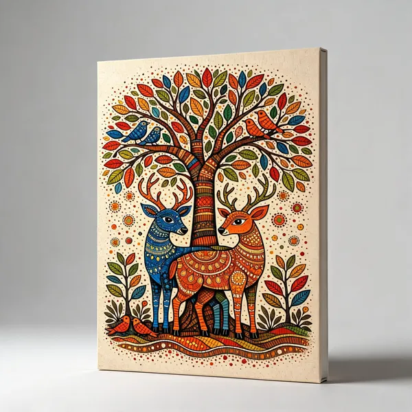 Madhubani_Folk_Art_Deer_Tree_Wall_Art__Canvas_Roll