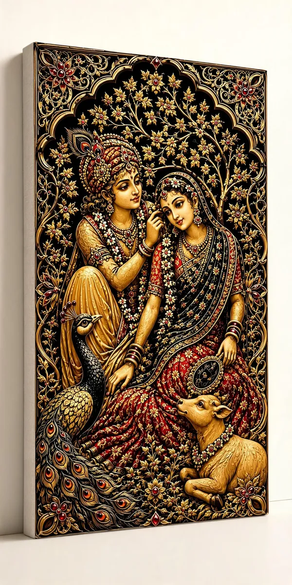 Radha_Krishna_Peacock_And_Deer_Religious_Wall_Art__Canvas_Roll