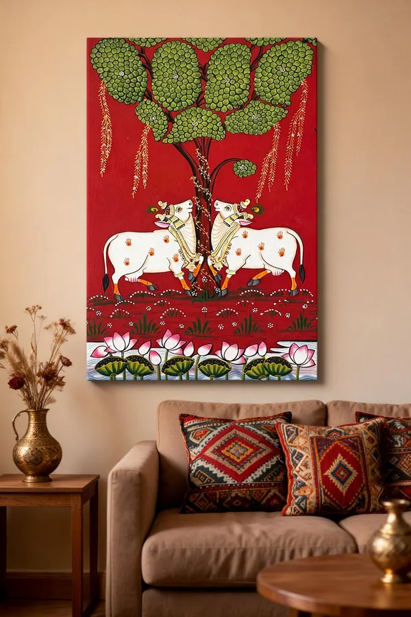 Traditional_Folk_Art_Cow_And_Lotus_Wall_Art__Canvas_Roll