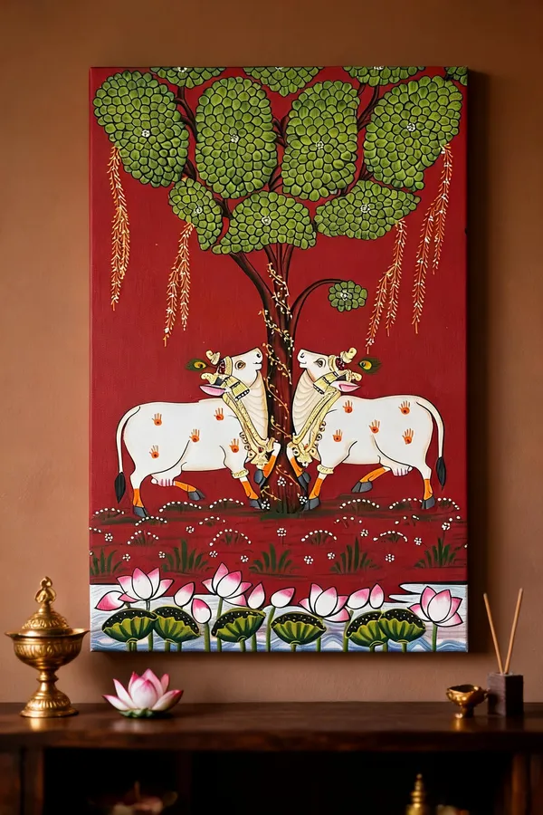 Traditional_Folk_Art_Cow_And_Lotus_Wall_Art__Canvas_Roll