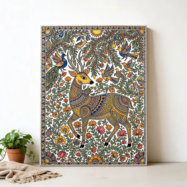 Madhubani_Folk_Canvas_Wall_Art_Deer_400_Gsm_Gallery_Wrapped_Canvas_Gallery_Wrapped_Ready_To_Hang