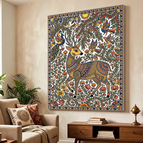 Madhubani_Folk_Canvas_Wall_Art_Deer_400_Gsm_Gallery_Wrapped_Canvas_Gallery_Wrapped_Ready_To_Hang