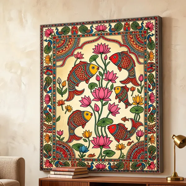 Madhubani_Folk_Canvas_Wall_Art_Fish_400_Gsm_Gallery_Wrapped_Canvas_Gallery_Wrapped_Ready_To_Hang