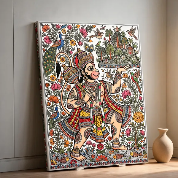 Madhubani_Folk_Canvas_Wall_Art_Lord_Hanuman_400_Gsm_Gallery_Wrapped_Canvas_Gallery_Wrapped_Ready_To_Hang