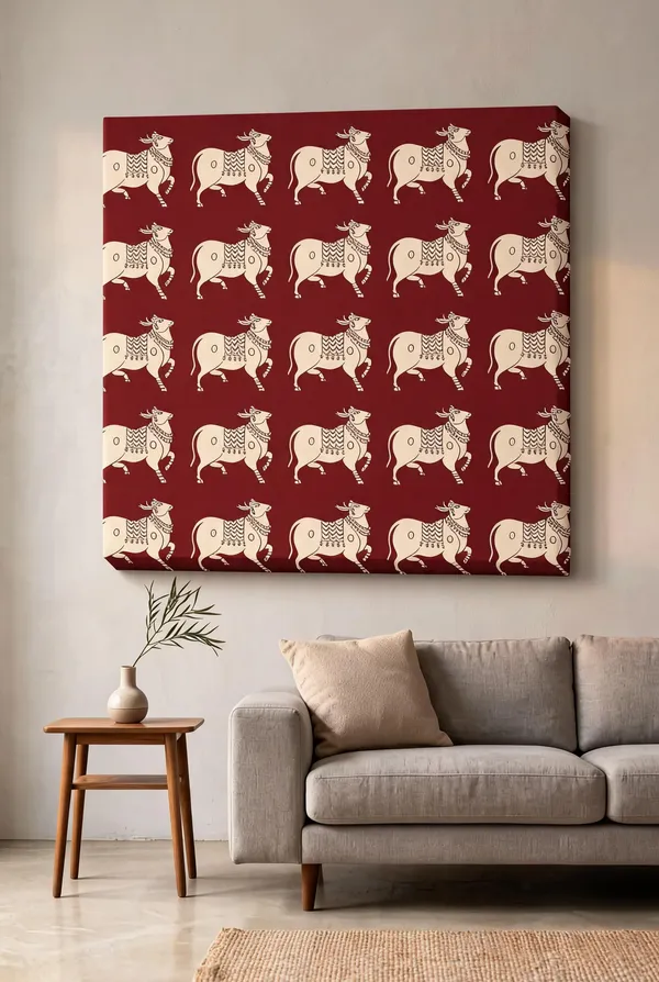 Kalamkari_Canvas_Wall_Art_Cow_400_Gsm_Gallery_Wrapped_Canvas_Roll