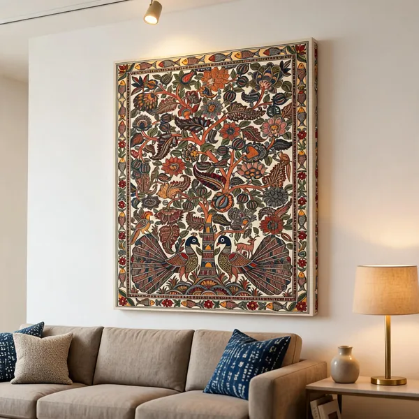 Kalamkari_Canvas_Wall_Art_Floral_And_Peacock_Motifs_400_Gsm_Gallery_Wrapped_Canvas_Gallery_Wrapped_Ready_To_Hang