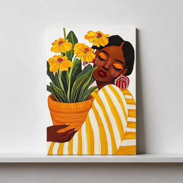 Illustrated_Floral_Portrait_Woman_Holding_Plant_Wall_Art__Canvas_Roll