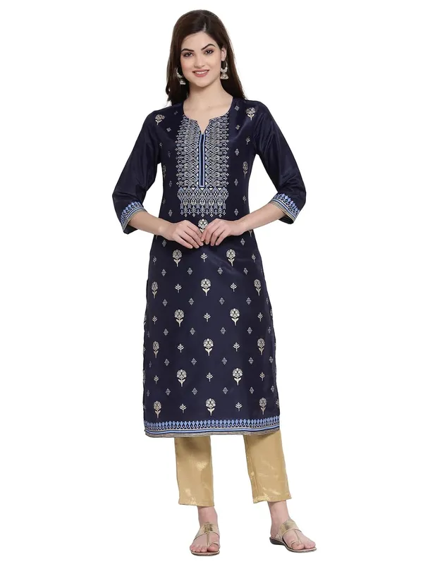 Navy_Blue_Shantung_Straight_Kurta_With_Gold_Embellishments_For_Women