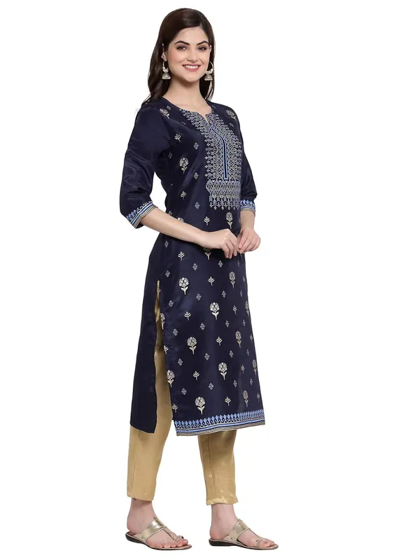 Navy_Blue_Shantung_Straight_Kurta_With_Gold_Embellishments_For_Women