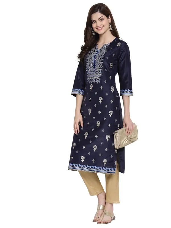 Navy_Blue_Shantung_Straight_Kurta_With_Gold_Embellishments_For_Women