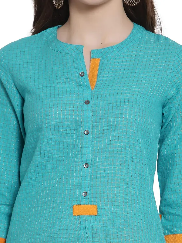 Turquoise_Mangalagiri_Cotton_Dobby_Weave_Straight_Kurta_For_Women