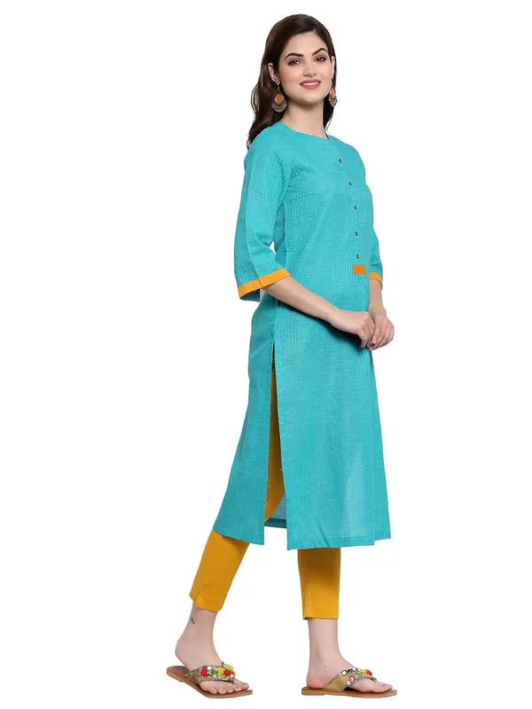 Turquoise_Mangalagiri_Cotton_Dobby_Weave_Straight_Kurta_For_Women
