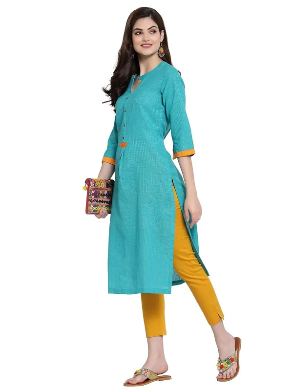 Turquoise_Mangalagiri_Cotton_Dobby_Weave_Straight_Kurta_For_Women