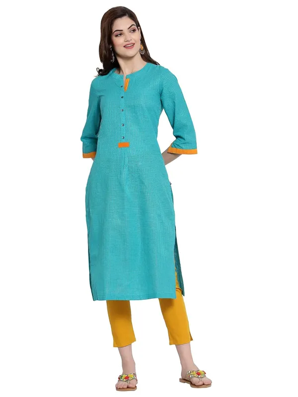Turquoise_Mangalagiri_Cotton_Dobby_Weave_Straight_Kurta_For_Women