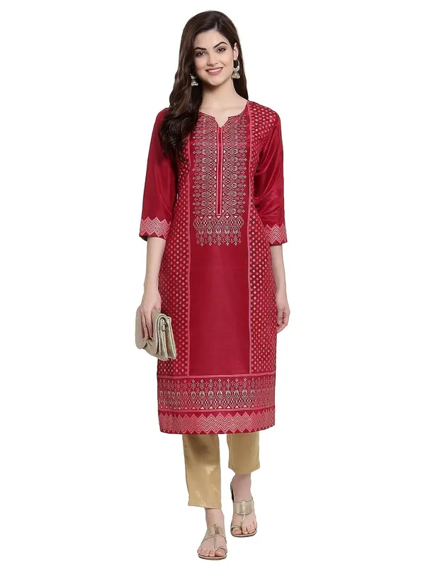 Red_Shantung_Straight_Kurta_With_Gold_Embellishments_For_Women
