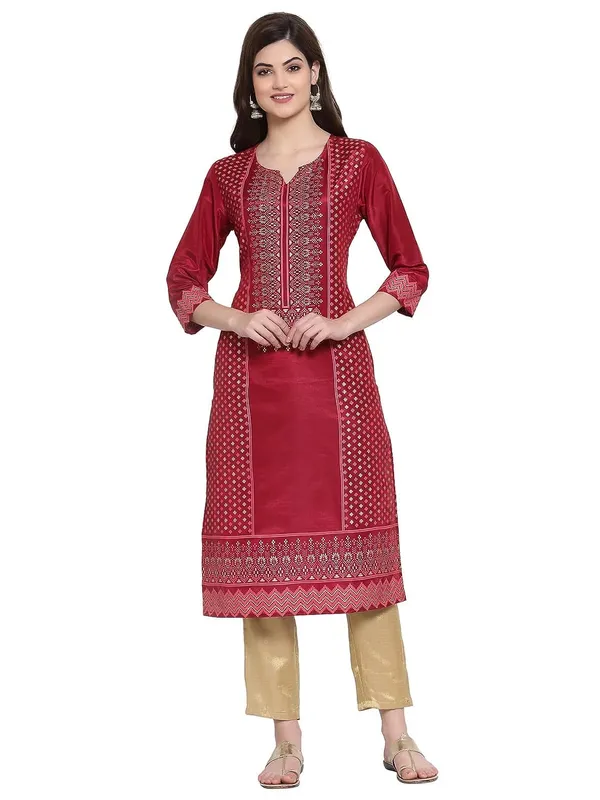 Red_Shantung_Straight_Kurta_With_Gold_Embellishments_For_Women