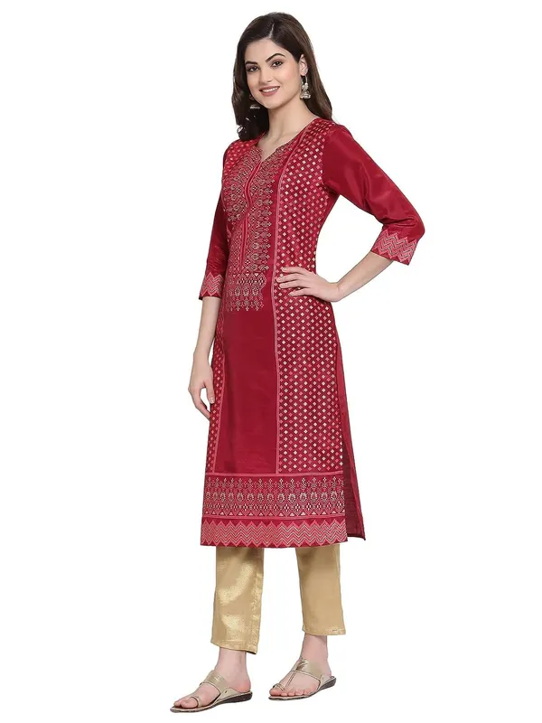 Red_Shantung_Straight_Kurta_With_Gold_Embellishments_For_Women