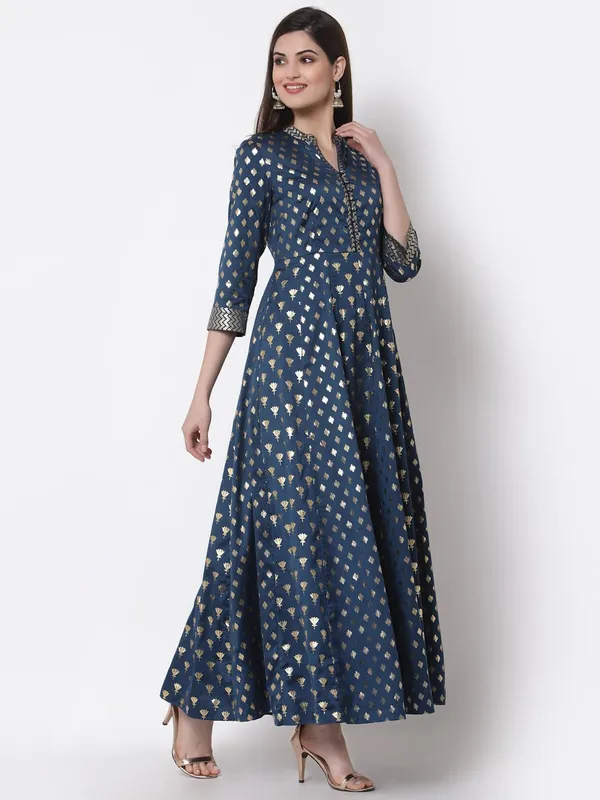Teal_Cotton_Silk_Foil_Embellished_Anarkali_Fusion_Dress_For_Women