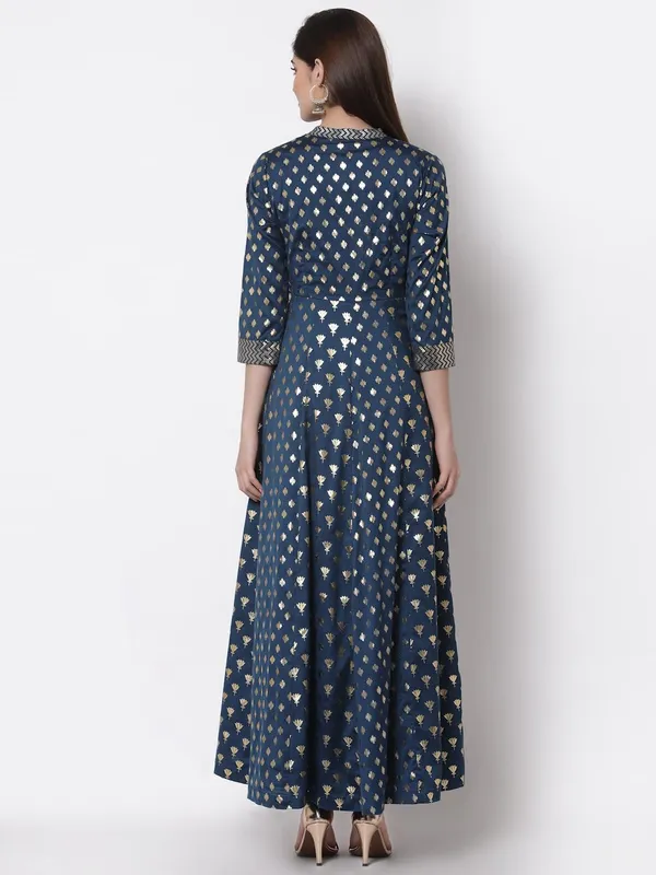 Teal_Cotton_Silk_Foil_Embellished_Anarkali_Fusion_Dress_For_Women