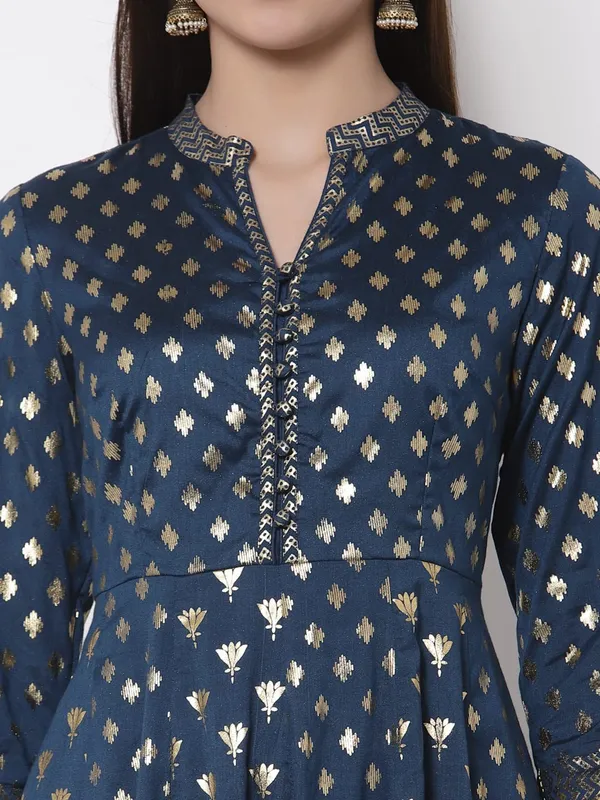 Teal_Cotton_Silk_Foil_Embellished_Anarkali_Fusion_Dress_For_Women
