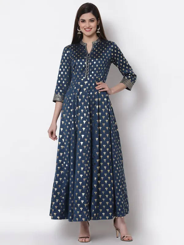 Teal_Cotton_Silk_Foil_Embellished_Anarkali_Fusion_Dress_For_Women