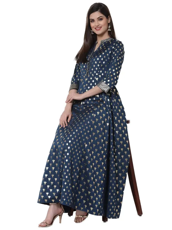 Teal_Cotton_Silk_Foil_Embellished_Anarkali_Fusion_Dress_For_Women