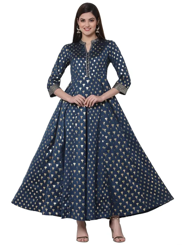 Teal_Cotton_Silk_Foil_Embellished_Anarkali_Fusion_Dress_For_Women
