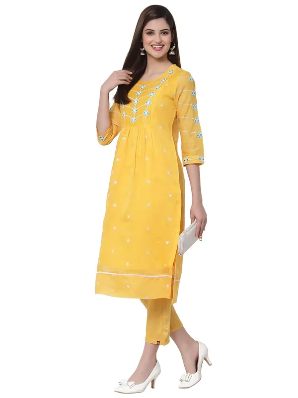 Ochre_Chanderi_Cotton_Silk_A-Line_Kurta_Pant_Set_For_Women