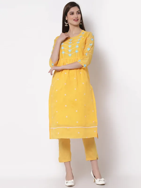 Ochre_Chanderi_Cotton_Silk_A-Line_Kurta_Pant_Set_For_Women
