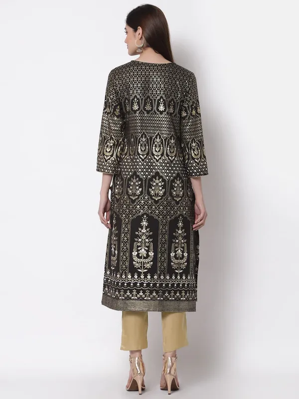 Black_Cotton_Slub_Metallic_Foil_Print_Straight_Kurta_For_Women
