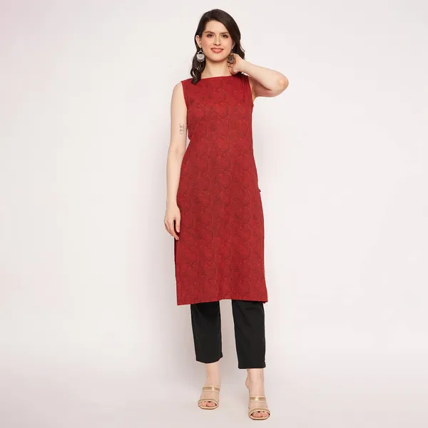 Rust_Cotton_Sleeveless_Printed_Kurta_For_Women