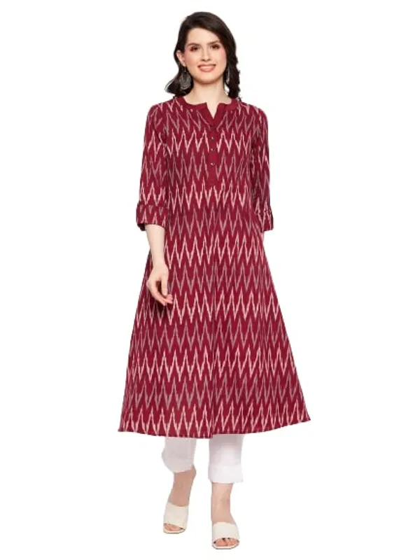 Maroon_Cotton_Ikat_A-Line_Sleeveless_Kurta_With_White_Linen_Pant_For_Women