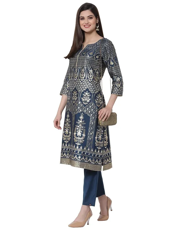 Teal_Cotton_Silk_Printed_A-Line_Kurti_Pant_Set_For_Women