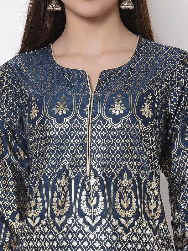Teal_Cotton_Silk_Printed_A-Line_Kurti_Pant_Set_For_Women