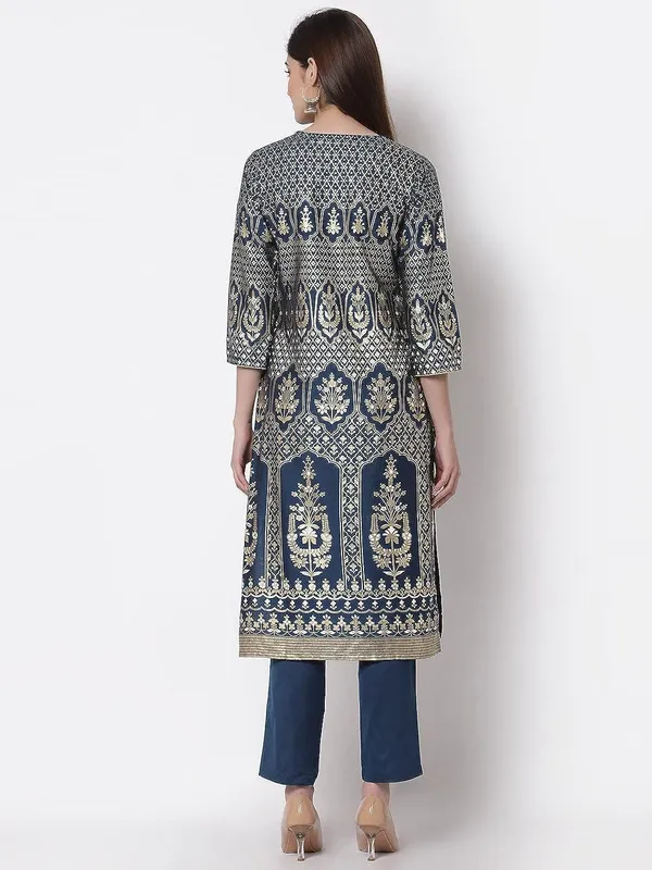 Teal_Cotton_Silk_Printed_A-Line_Kurti_Pant_Set_For_Women